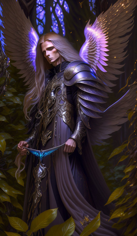 Majestic silver-haired figure in dark armor with purple wings in enchanted forest