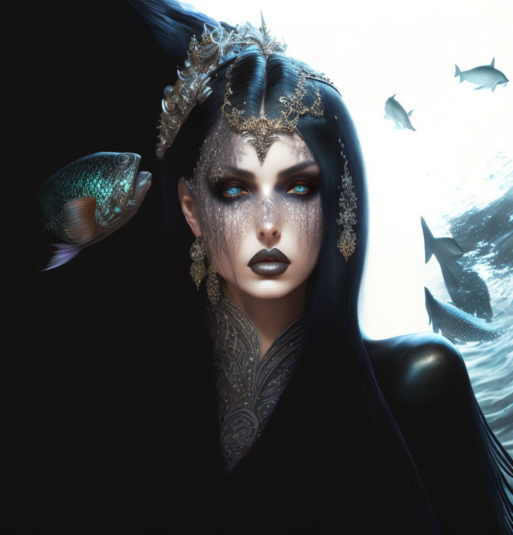 Dark-haired woman with intricate headdress, makeup, and jewelry surrounded by fish on a dark background