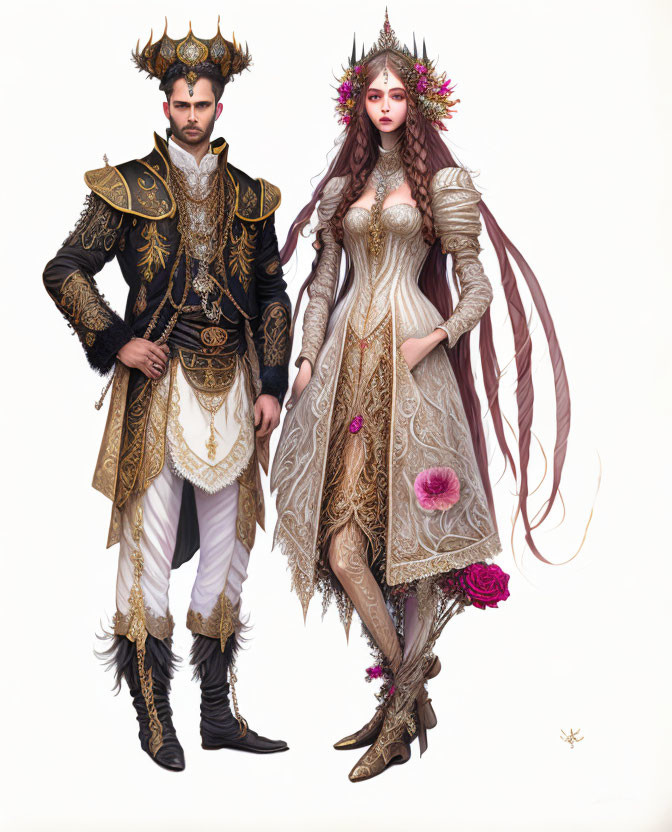 Regal Couple in Ornate Historical Fantasy Attire