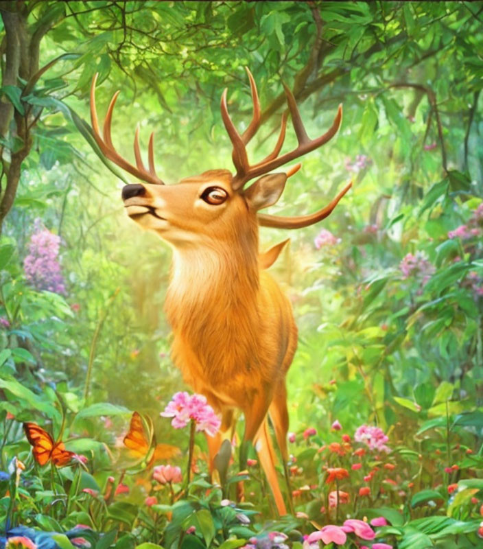 Majestic deer with large antlers in vibrant forest scene