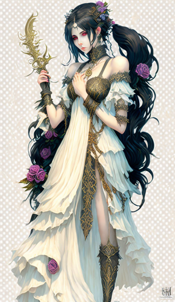 Illustrated female figure with long black hair and red eyes holding a crescent-shaped ornament in a white