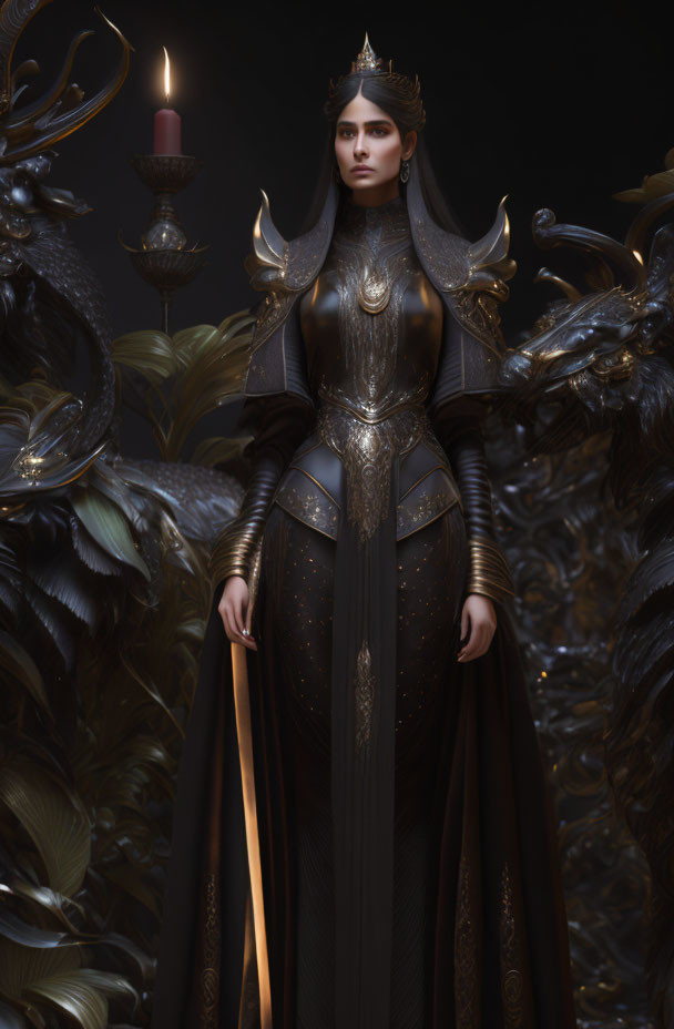 Regal woman in dark ornate armor with sword and crown in dimly lit setting