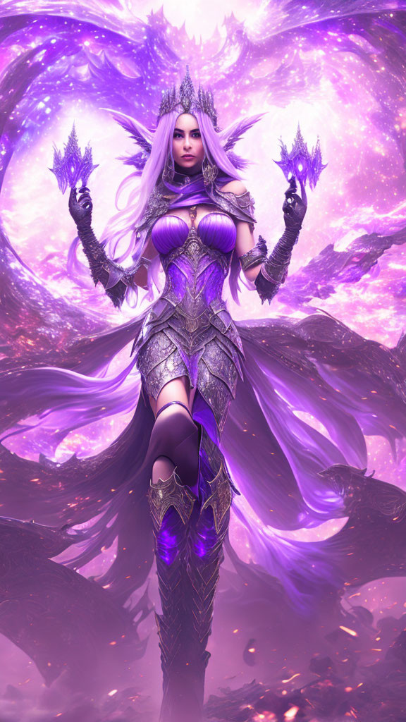 Regal Fantasy Figure in Purple and Silver Armor With Crystalline Staves