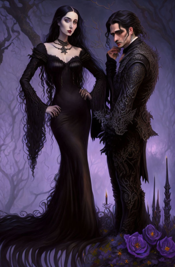 Gothic-style illustration of man and woman in dark period clothing against mystical forest backdrop