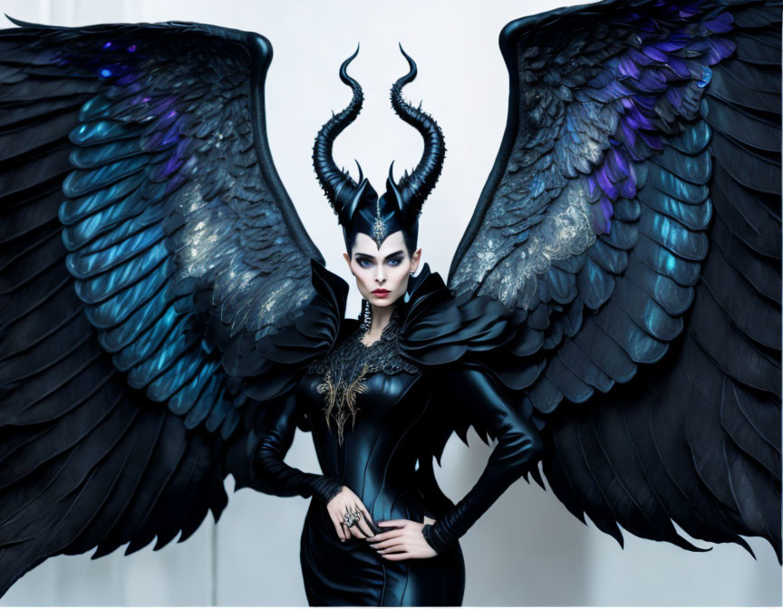 Person in dramatic black costume with iridescent blue-black wings and horned headpiece against pale background