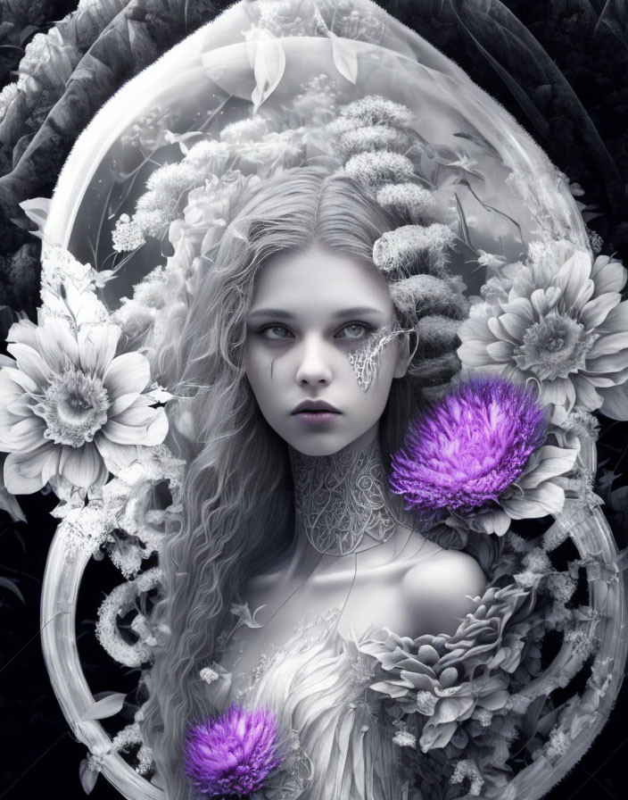 Grayscale portrait of a woman with purple floral surroundings and lace details