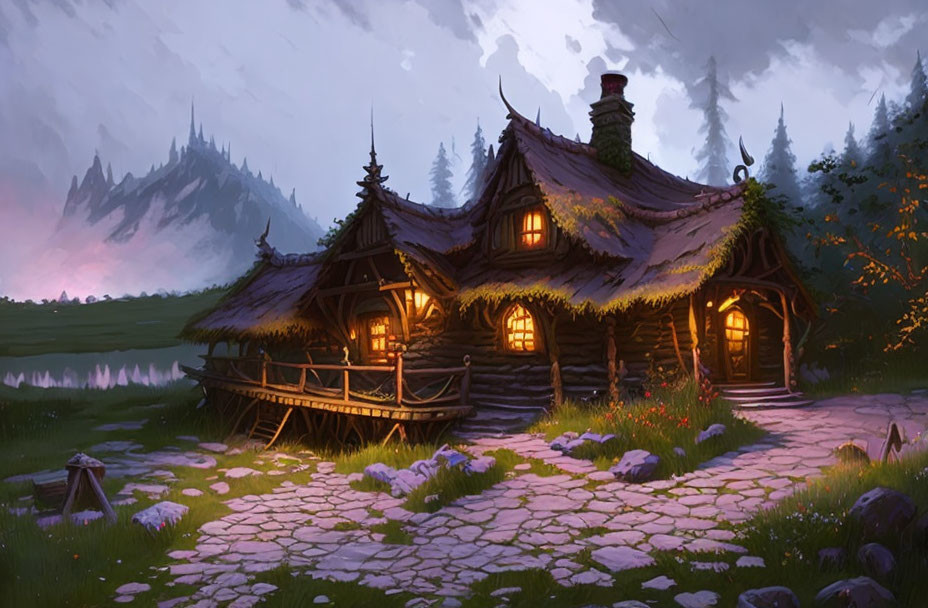 Cozy cottage in forest clearing at dusk with glowing windows