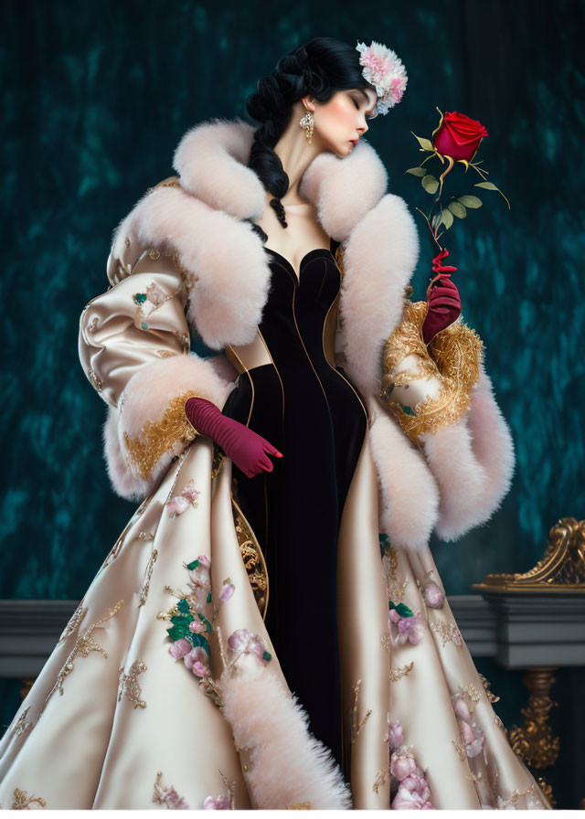 Woman in Luxurious Black and Cream Gown Holding Red Rose