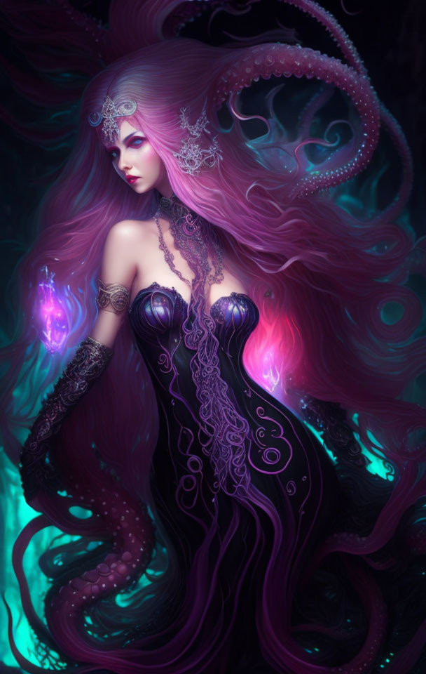 Ethereal woman with purple hair and octopus-like tendrils in ornate dress in mystical setting