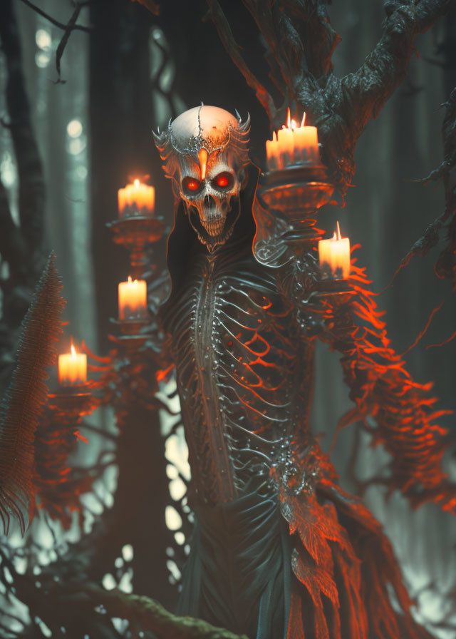 Skeleton with Crown and Candles in Spooky Forest