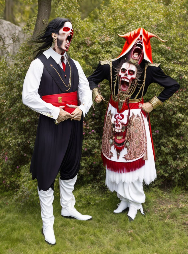 Traditional Japanese Costumed Individuals with Demon Masks Outdoors