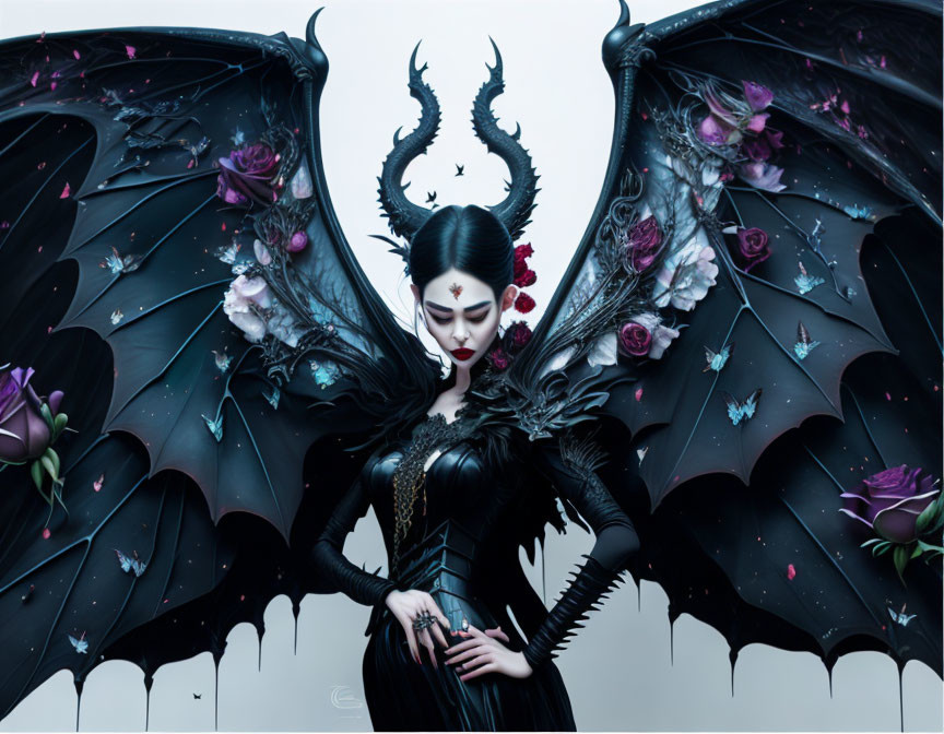 Gothic fantasy art: Woman with bat wings, roses, and horned headdress