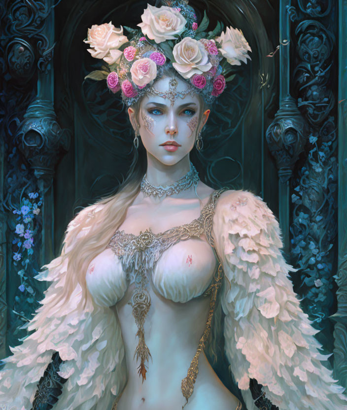 Illustration of woman with angelic wings and blue eyes in floral crown and jewelry