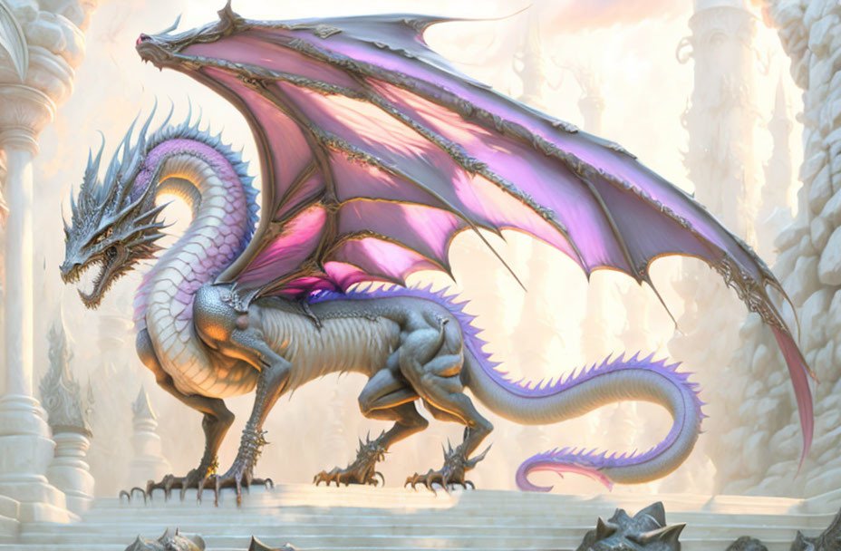 Violet and Pink Winged Dragon in Fantasy Castle Setting