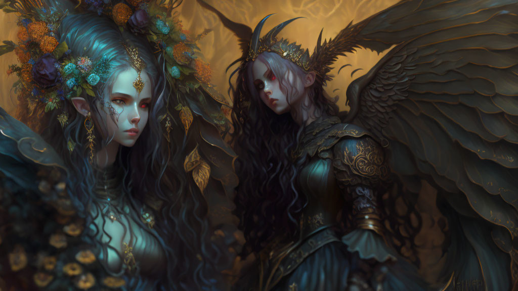 Elaborate fantasy figures with intricate headpieces and wings in blue and dark tones