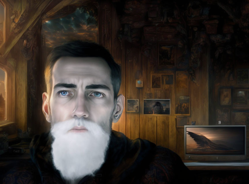 White-bearded man with blue eyes in dark room with paintings and dusk sky view