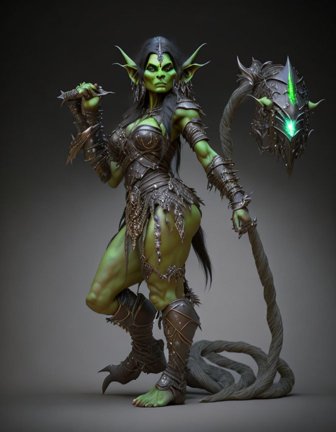 Green-skinned female orc with glowing eyes wields large axe in 3D rendering