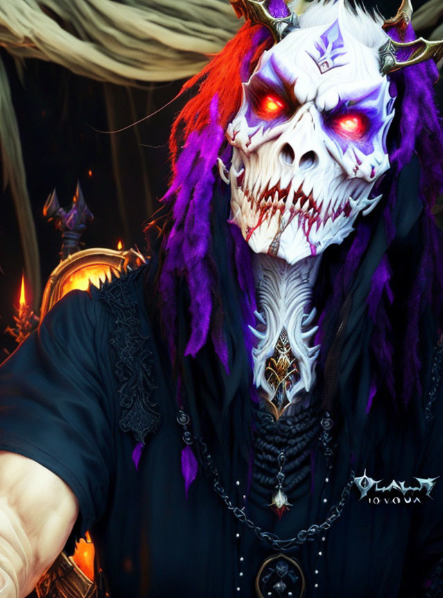 Detailed skull mask with red glowing eyes and regal attire in purple.