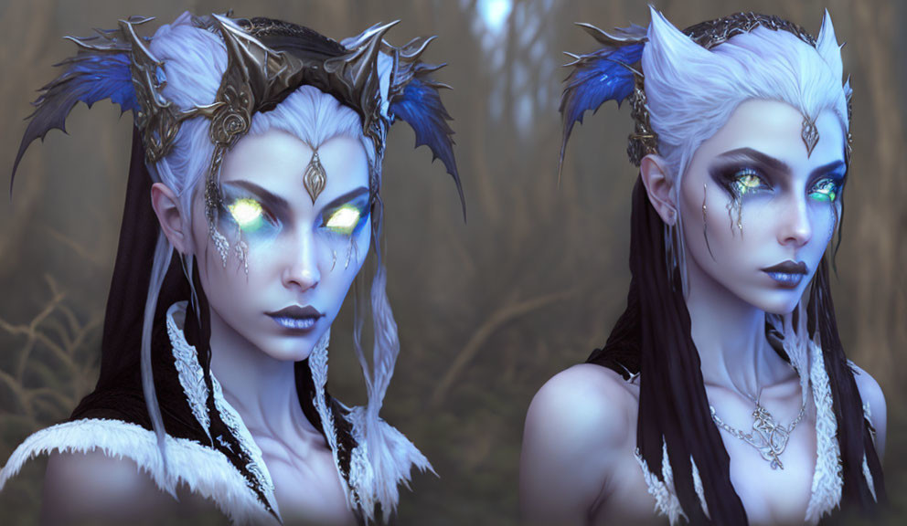 Fantasy elf portraits in misty forest with blue skin & yellow eyes