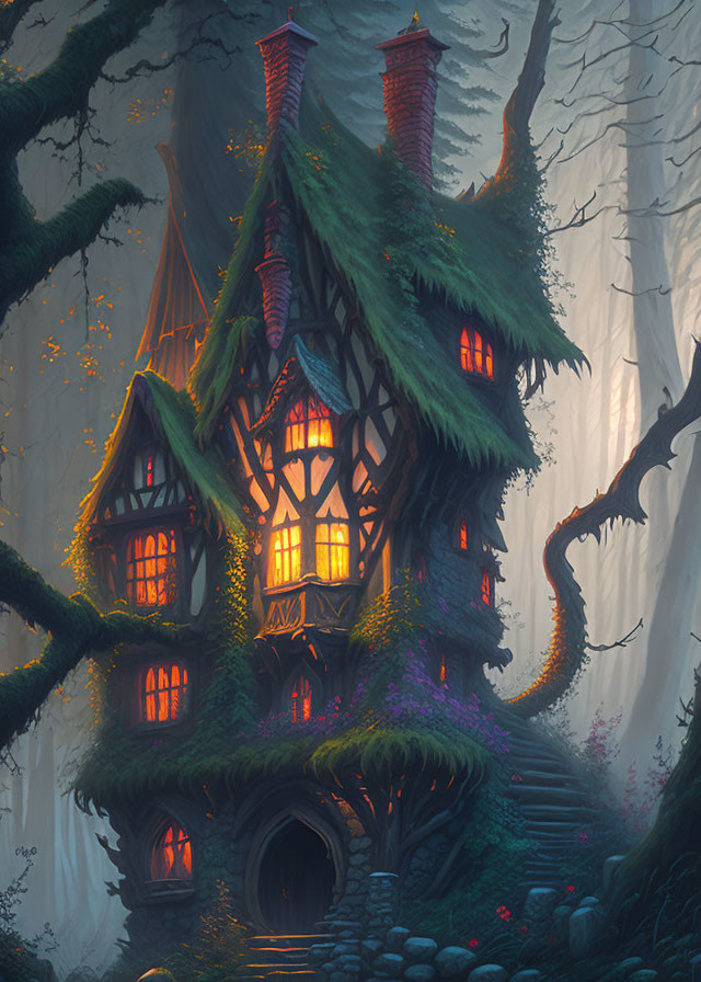 Enchanting multi-story fantasy treehouse in misty forest