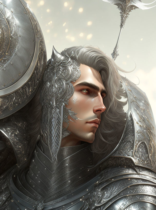 Fantasy knight illustration in ornate silver armor