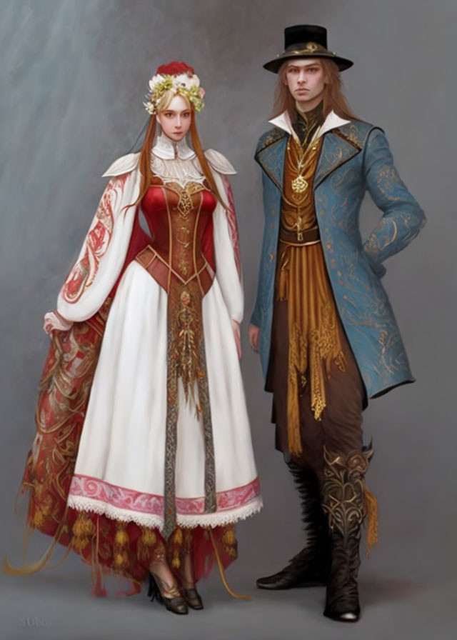 Man and woman in ornate historical fantasy attire with intricate embroidery and rich colors, woman in floral head