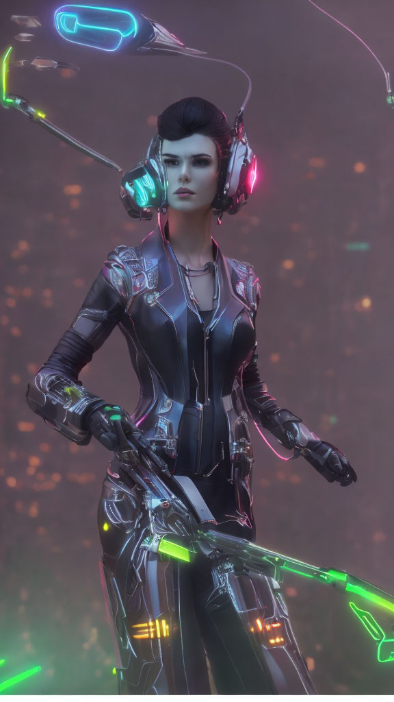 Futuristic woman in glowing headphones and cybernetic suit against neon-lit backdrop