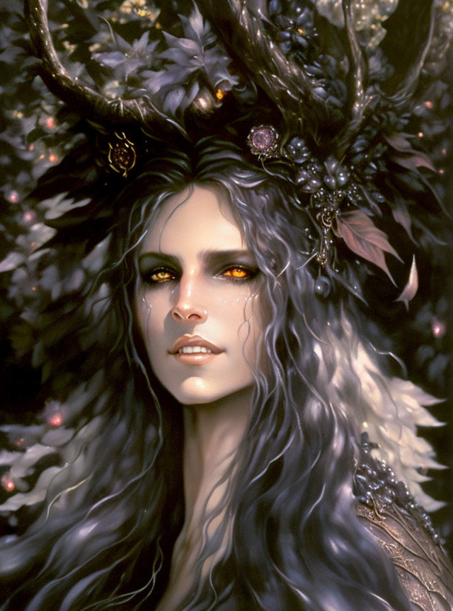 Fantasy portrait of a woman with horns, feathers, flowers, and glowing eyes