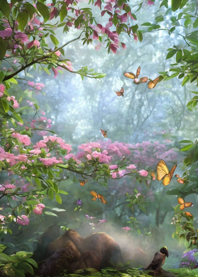 Tranquil forest landscape with pink flowers, butterflies, rocks, mist, and bird