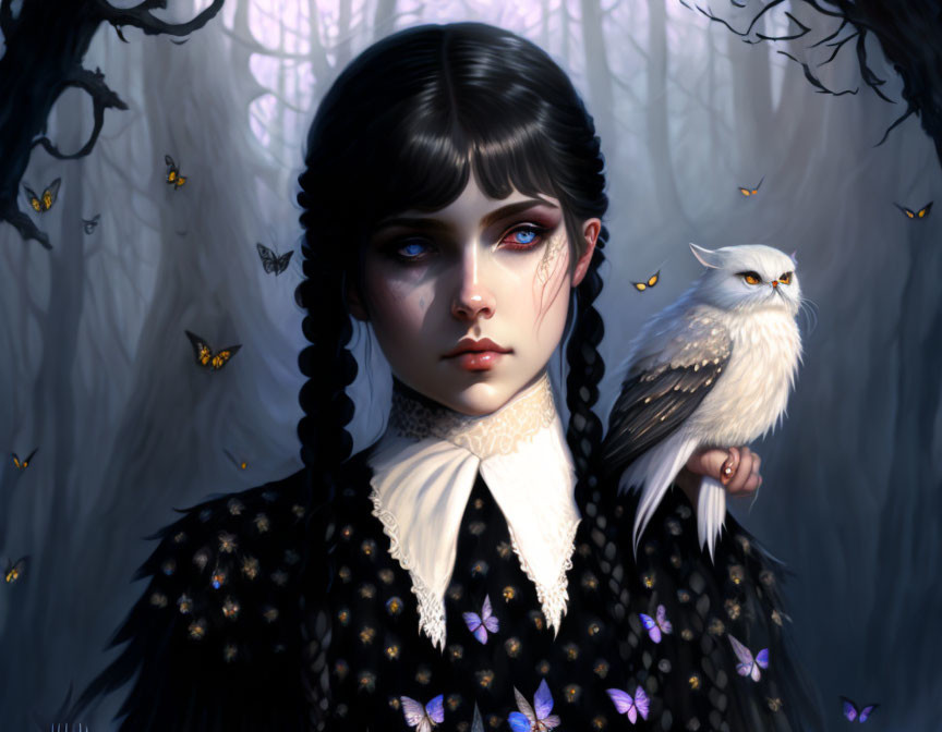 Digital artwork: Young woman with braided hair and owl in nature scene