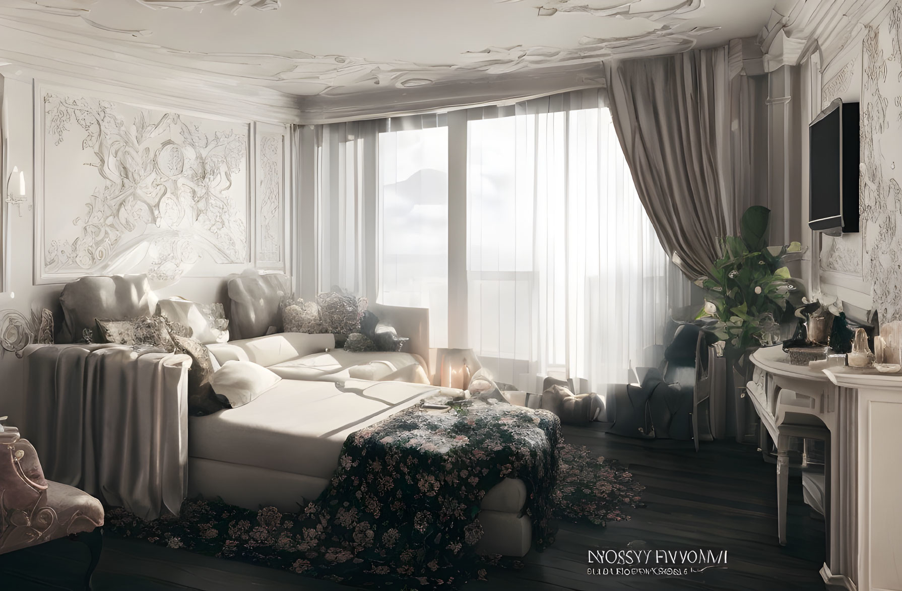 Luxurious Bedroom with Floral Bedding and Classic Decor