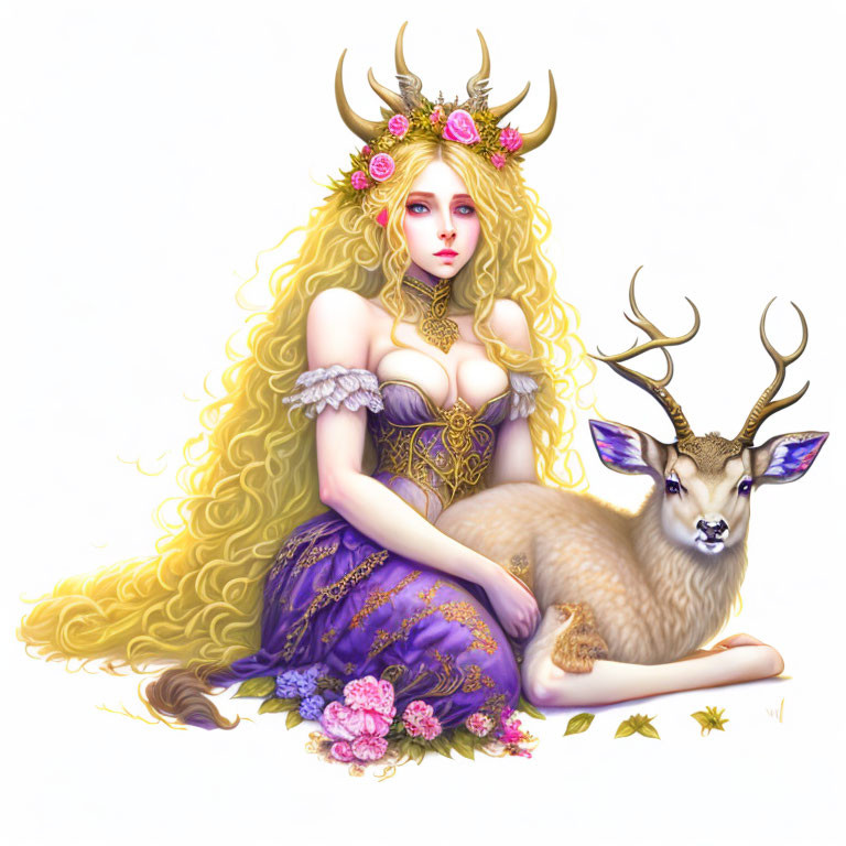 Fantasy creature illustration: Woman's upper body, deer lower body, blonde hair, flower adornments