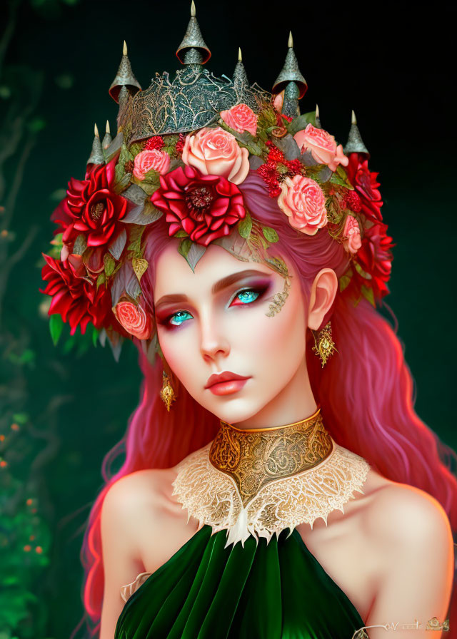 Fantasy portrait of female with pink hair, green eyes, red rose crown, green dress.