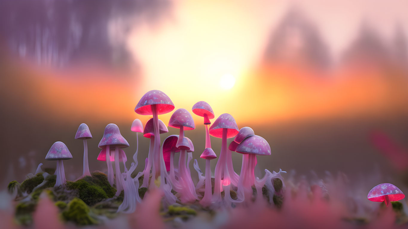 Enchanting pink mushrooms in sunset forest landscape