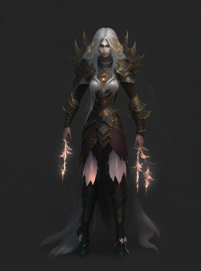 Fantasy character in white hair, dark armor with gold details, holding glowing weapons