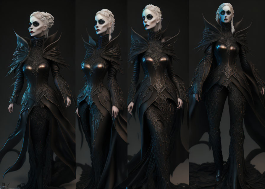 Series of Four Pale Female Figure Poses in Dark Ornate Outfits