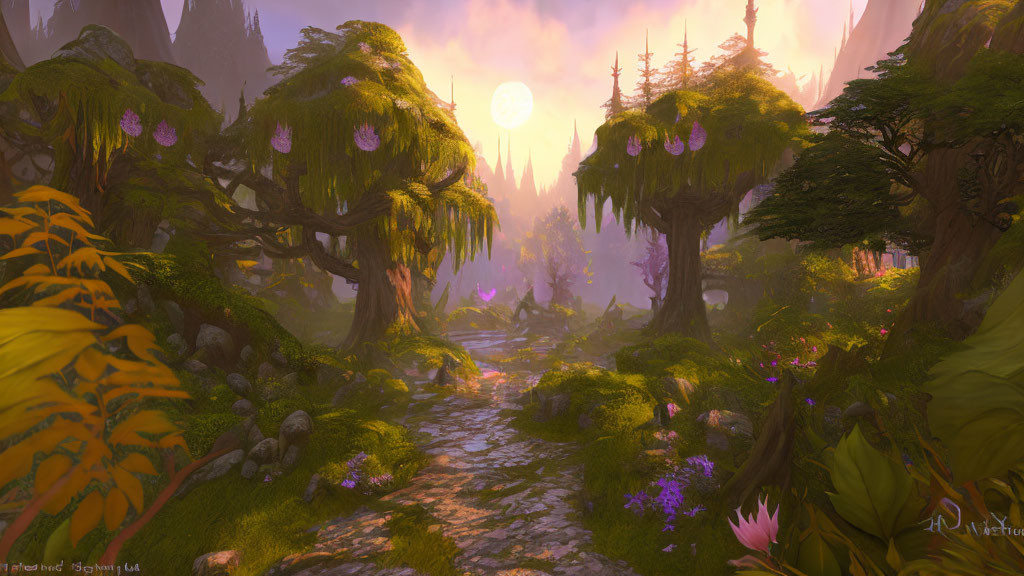 Enchanting forest path at sunset with vibrant flora and towering trees