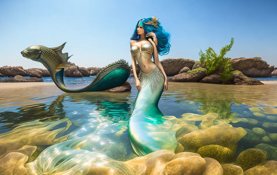 Mermaid digital artwork with blue hair and green tail by the water