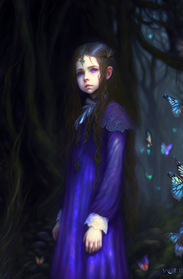 Young girl in blue dress surrounded by butterflies in mystical forest