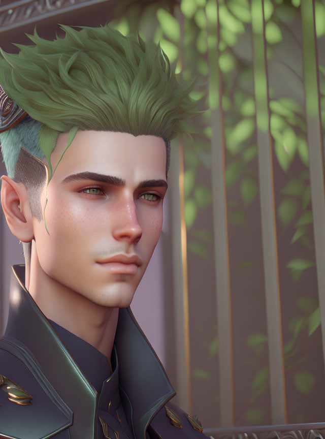 Male character with green spiky hair in military attire on soft-focus foliage background