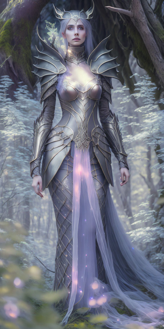 Silver-armored figure in flowing gown amidst ethereal forest landscape