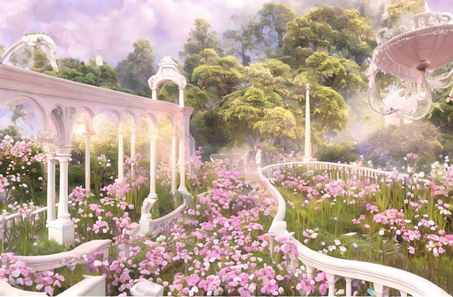 Tranquil fantasy garden with pink flowers and white gazebos