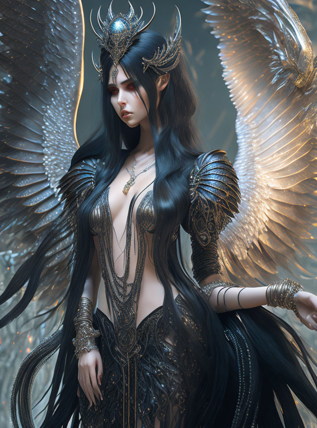 Dark-Haired Fantasy Figure in Black and Gold Armor with Luminescent Wings