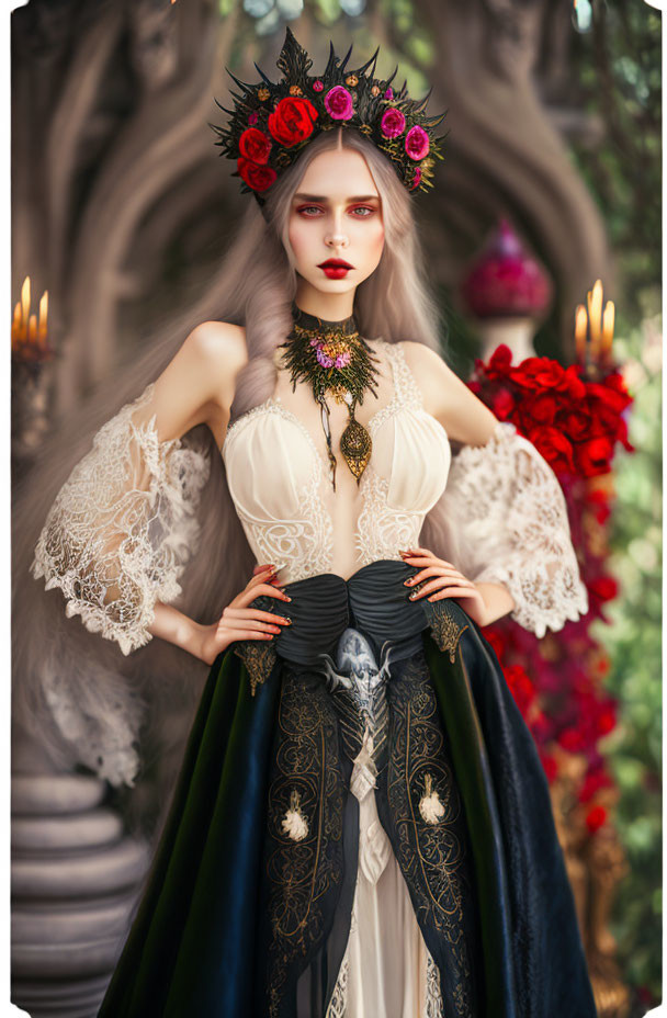 Gothic fantasy woman in floral crown and ornate necklace poses against floral backdrop