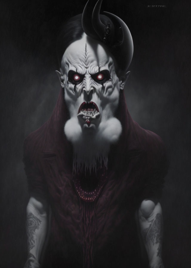 Sinister creature with pale skin, red eyes, fangs, and horns in dark setting