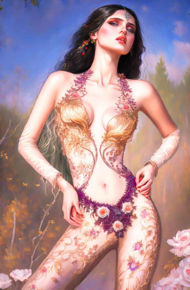 Illustrated Woman with Floral Body Art in Nature Setting