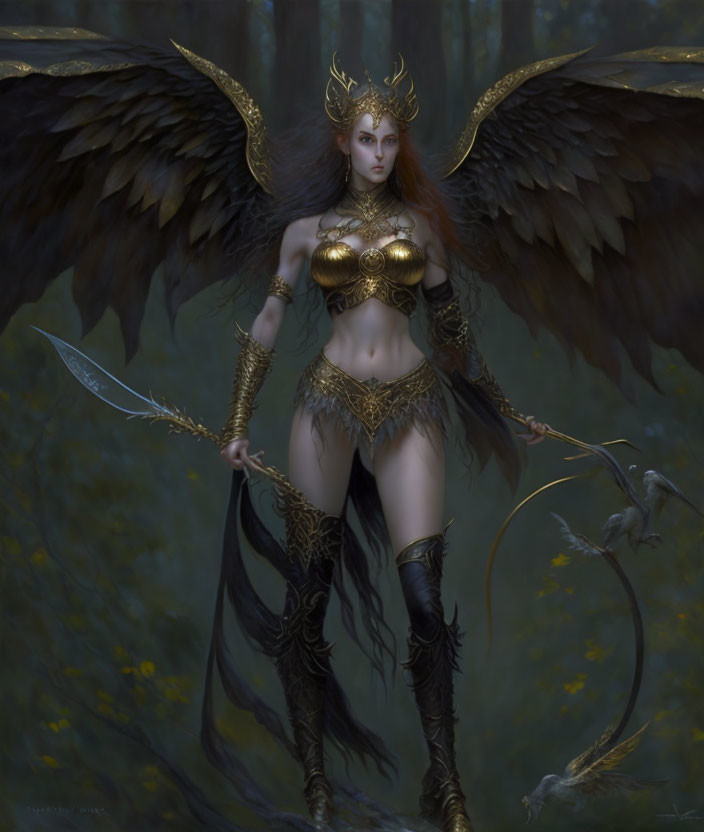 Winged female figure in golden armor with sword in forest setting