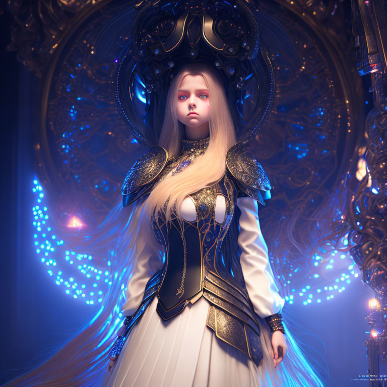 Detailed digital artwork of woman in ornate fantasy armor with glowing blue lights.