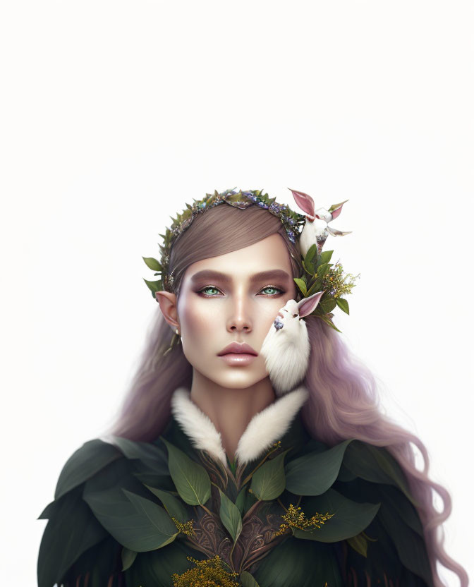 Fantasy portrait of woman with elfin features and floral crown holding white rabbit