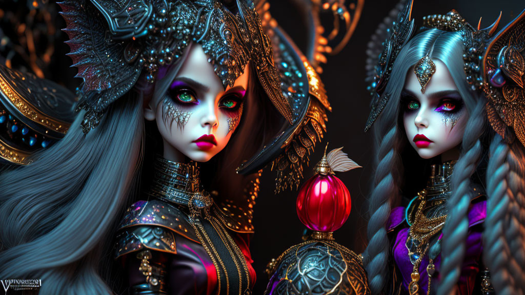 Elaborate Fantasy Characters with Intricate Headpieces and Armor